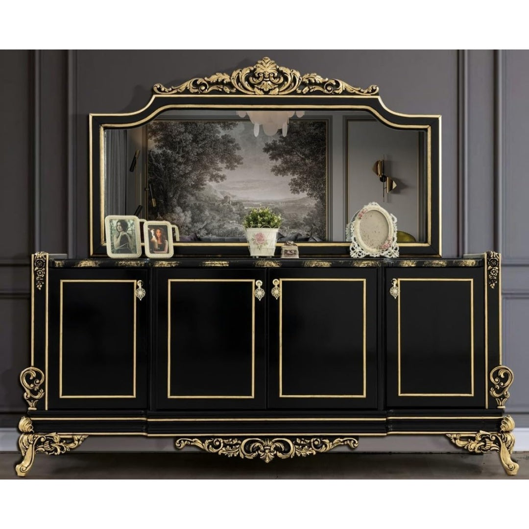 Das Sideboard zeigt 4 Tueren in Schwarz und Gold