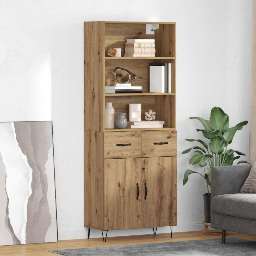 Der Hochschrank misst 69.5 x 32.5 x 180 cm in Eichenbraun