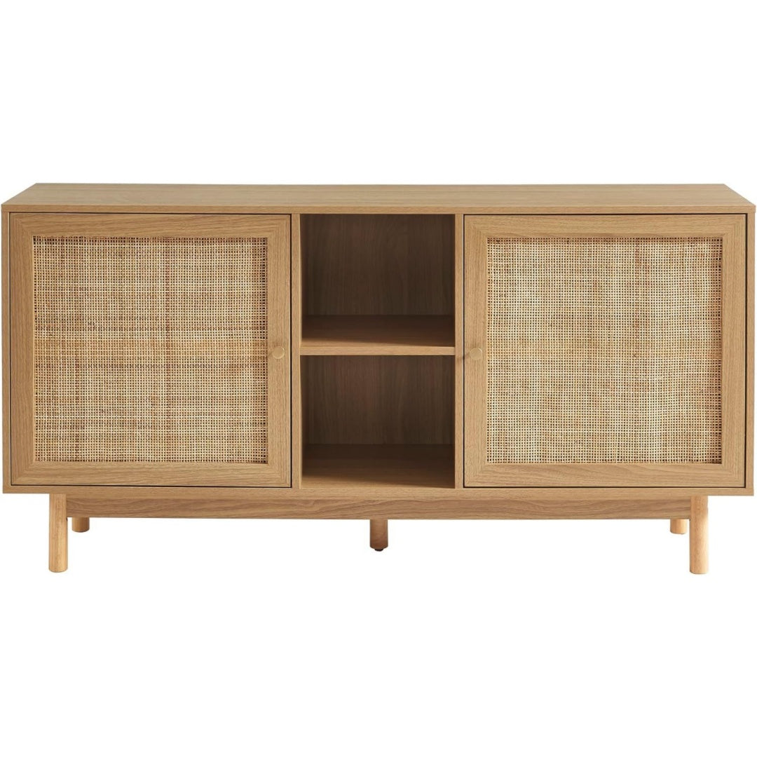 Geflochtene Elemente treffen auf Flechtoptik an dem Sideboard