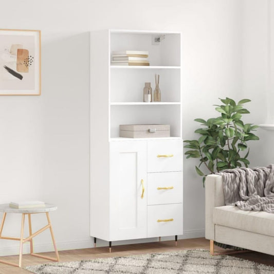 Hochschrank aus Holzwerkstoff und Metall mit Schubladen