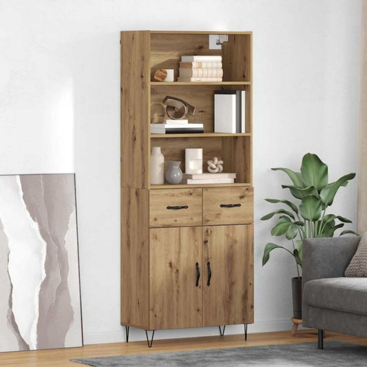 Der Hochschrank misst 69.5 x 32.5 x 180 cm in Eichenbraun