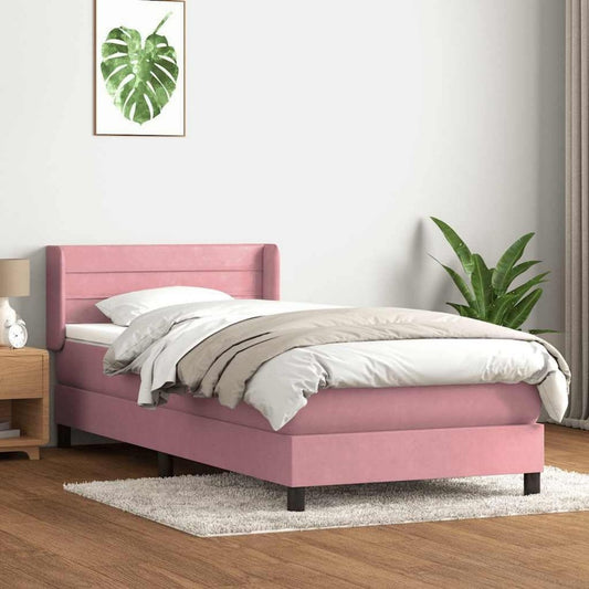 Das Boxspringbett misst 80 x 220 cm in Rosa