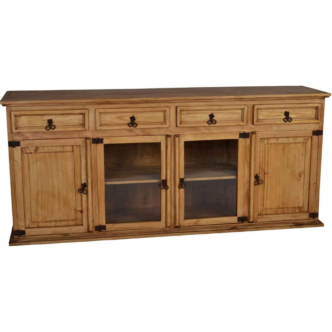 Holzoptik an dem Sideboard aus Massivholz und Glas