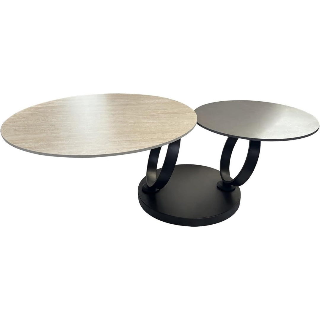 Zwei drehbare Keramikplatten auf einem skulpturalen Ringsockel