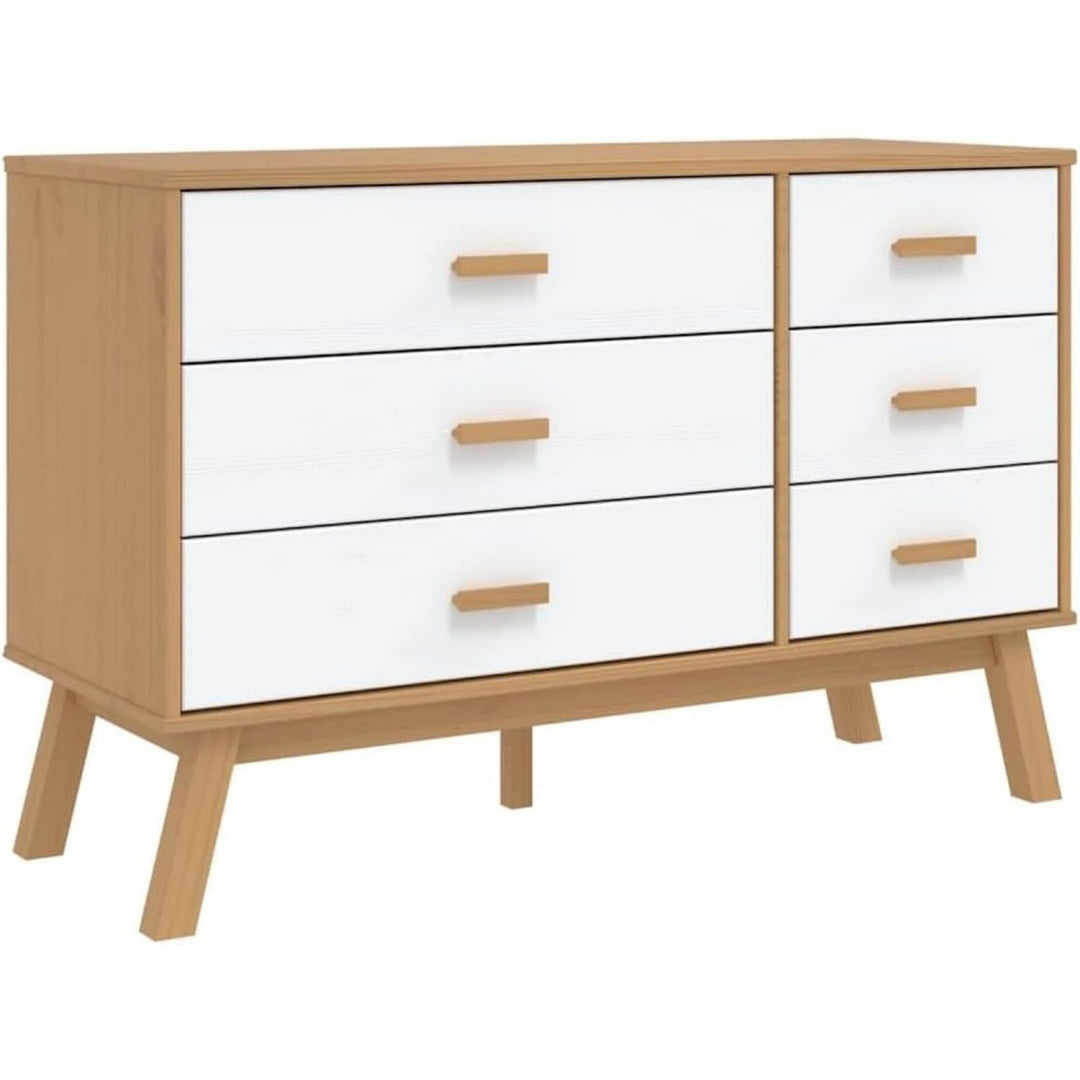 Das Sideboard setzt auf eine Farbgebung in Weiss und Naturbraun