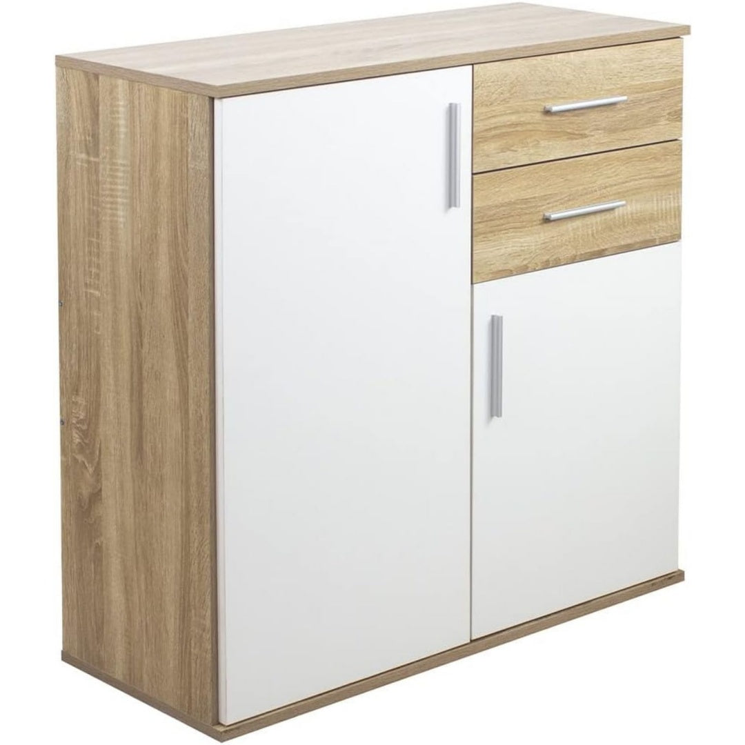 Weiss und Eichenbraun gibt dem Sideboard einen farblichen Akzent