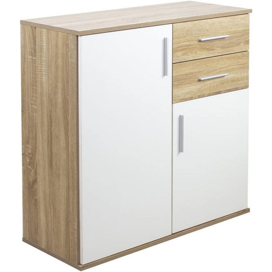 Weiss und Eichenbraun gibt dem Sideboard einen farblichen Akzent